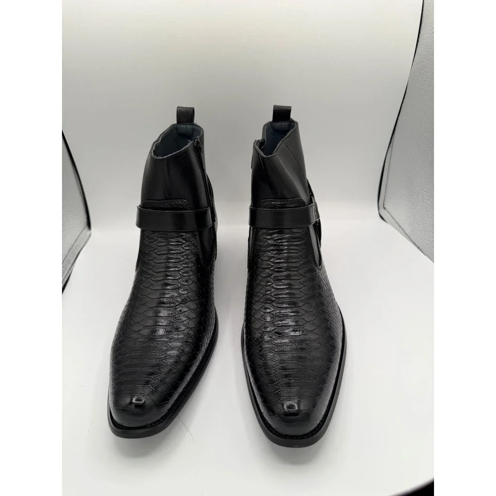 Alberto Fellini Men Black Snakeskin Texture Harness Ankle Boots Side Zip Size 13